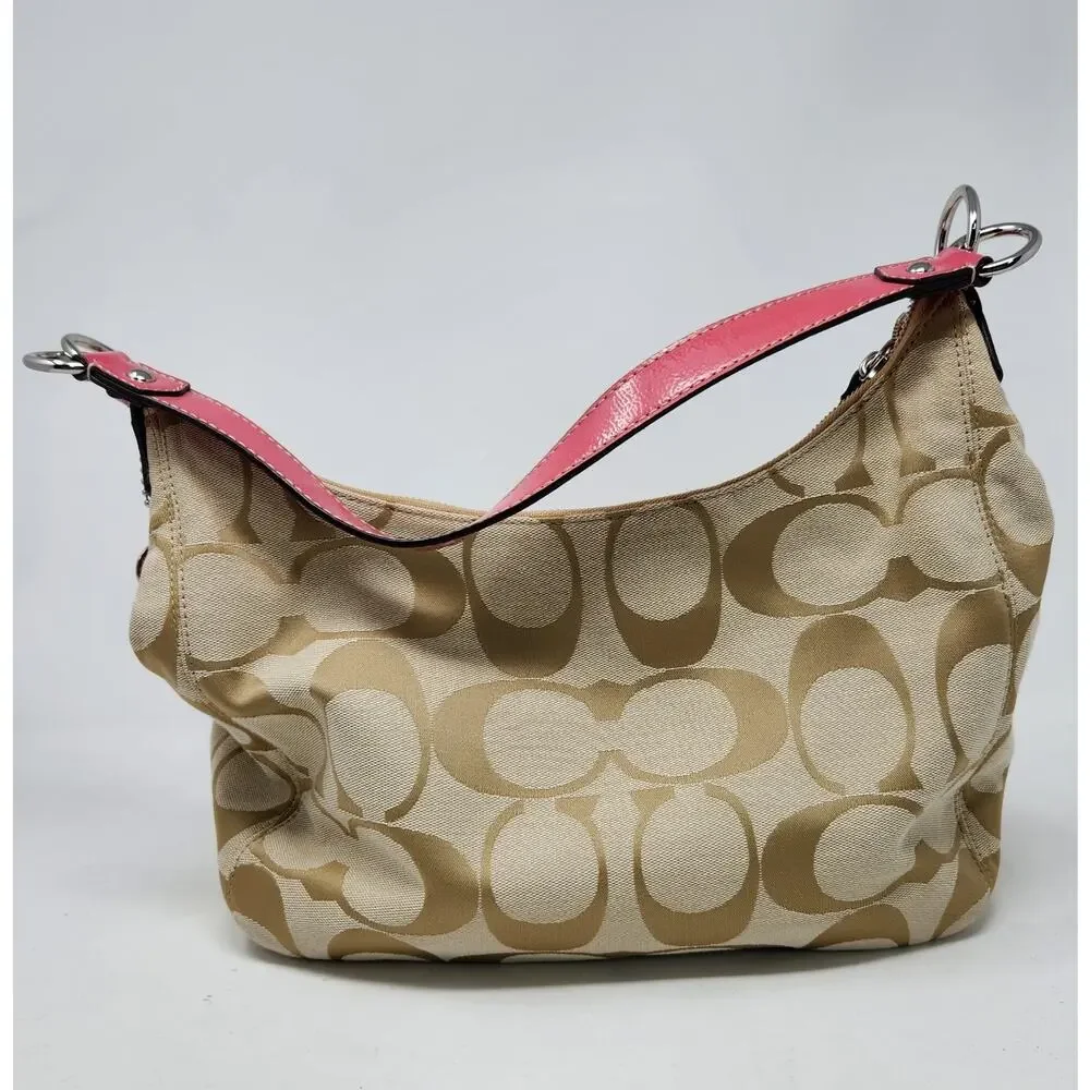 Vtg Y2K Coach Signature Stripe Hobo Shoulder Bag F19281 Khaki/Berry Pink